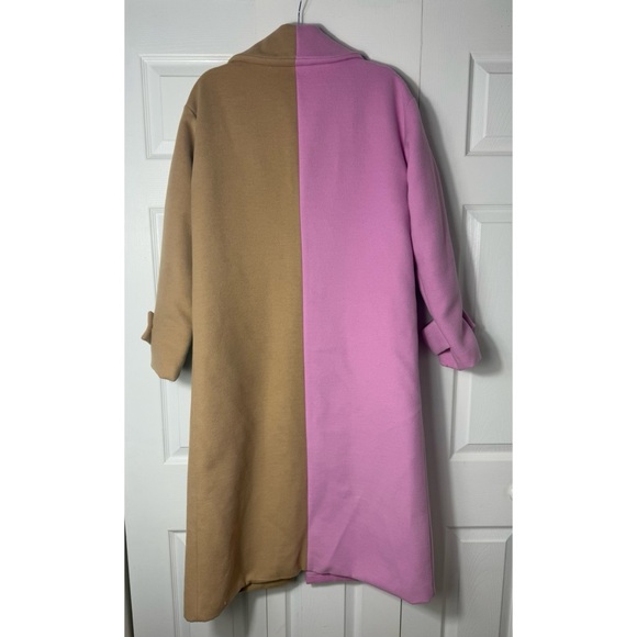 AKIRA Sherbert Colorblock Pink Tan Longline Trench Coat Jacket Size L - Picture 6 of 6